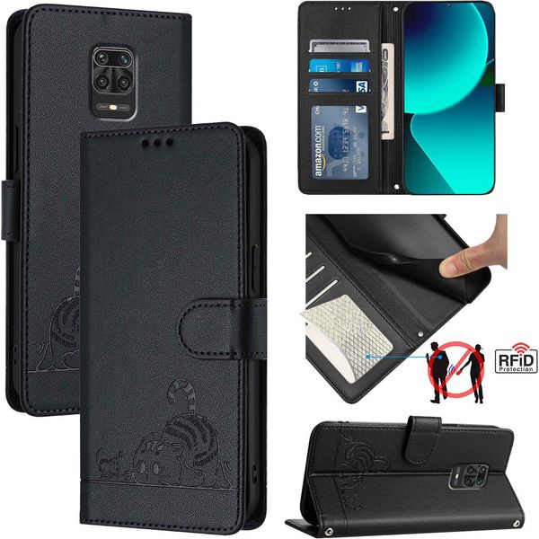 Custodia In Pelle Per Xiaomi Poco M2 Pro/Redmi Note 9S/9 Pro/9 Pro Max, Dolce Gatto Flip Case Con Funzione Stand E Portafoglio Nero-image