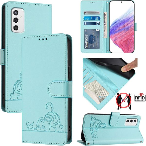 Custodia In Pelle Per Samsung Galaxy M52 5G, Dolce Gatto Custodia Flip Con Funzione Stand E Portafoglio Verde Chiaro-image