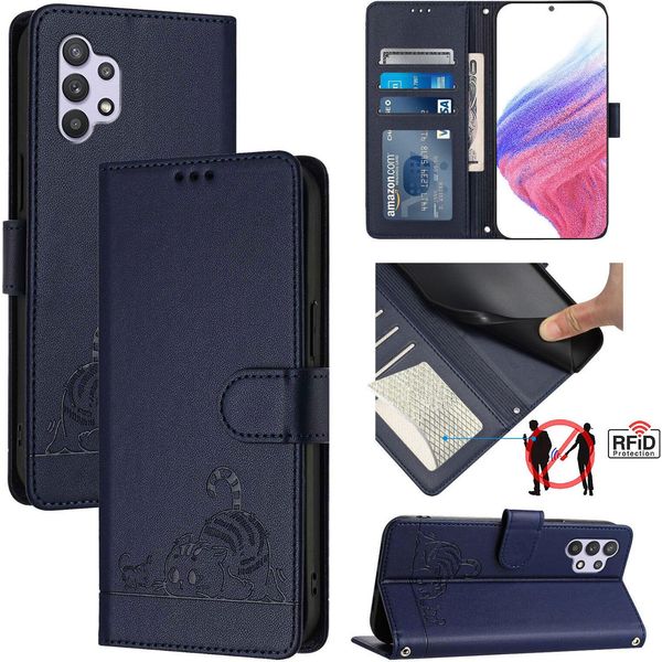 Custodia In Pelle Per Samsung Galaxy A32 5G/M32 5G, Dolce Gatto Custodia Flip Con Funzione Di Supporto E Portafoglio Blu-image