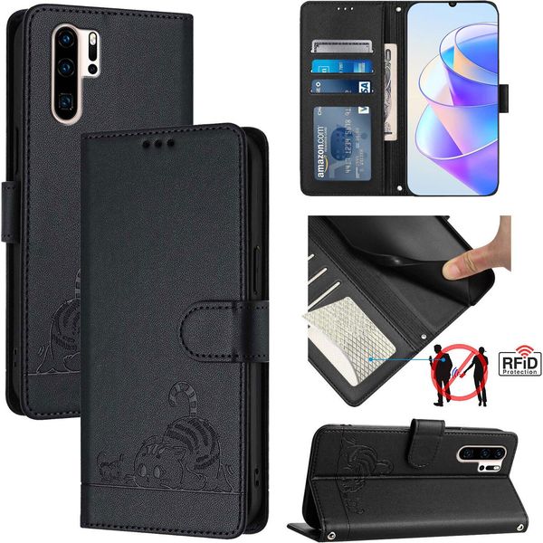 Custodia In Pelle Per Huawei P30 Pro, Dolce Gatto Custodia Flip Con Funzione Stand E Portafoglio Nero-image