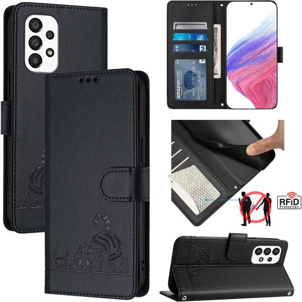 Custodia In Pelle Per Samsung Galaxy A33, Dolce Gatto Custodia Flip Con Funzione Stand E Portafoglio Nero-image