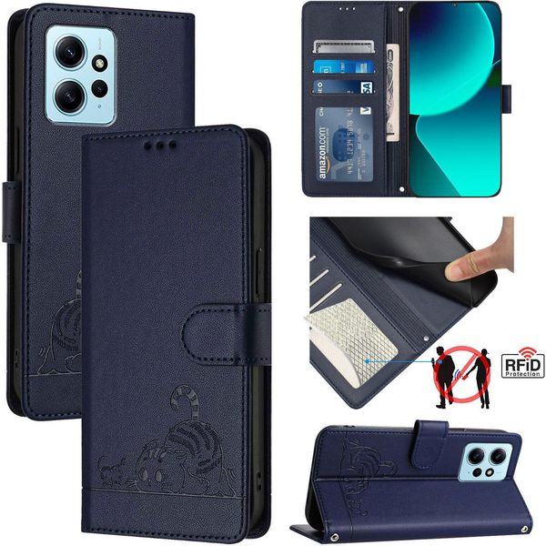 Custodia In Pelle Per Xiaomi Redmi Note 12 4G, Dolce Gatto Custodia Flip Con Funzione Stand E Portafoglio Blu-image