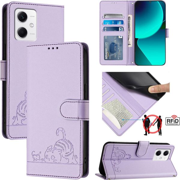 Custodia In Pelle Per Xiaomi Poco X5/Redmi Note 12 5G, Dolce Gatto Flip Case Con Funzione Stand E Portafoglio Viola-image
