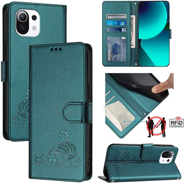 Custodia In Pelle Per Xiaomi 11 Lite 5G Ne/Mi 11 Lite/Mi 11 Lite 5G, Dolce Gatto Custodia Flip Con Funzione Stand E Portafoglio Verde-image