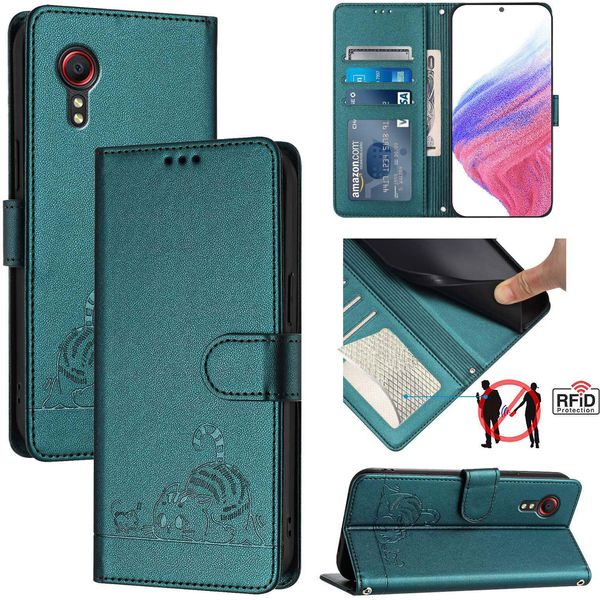 Custodia In Pelle Per Samsung Galaxy Xcover 5, Dolce Gatto Custodia Flip Con Funzione Stand E Portafoglio Verde-image