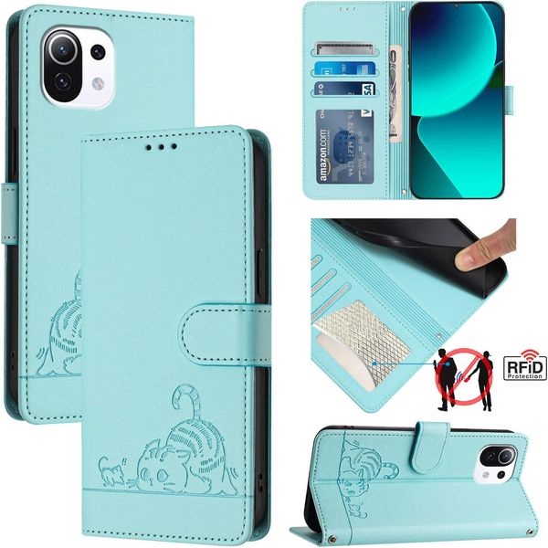 Custodia In Pelle Per Xiaomi 11 Lite 5G Ne/Mi 11 Lite/Mi 11 Lite 5G, Dolce Gatto Custodia Flip Con Funzione Stand E Portafoglio Verde Chiaro-image