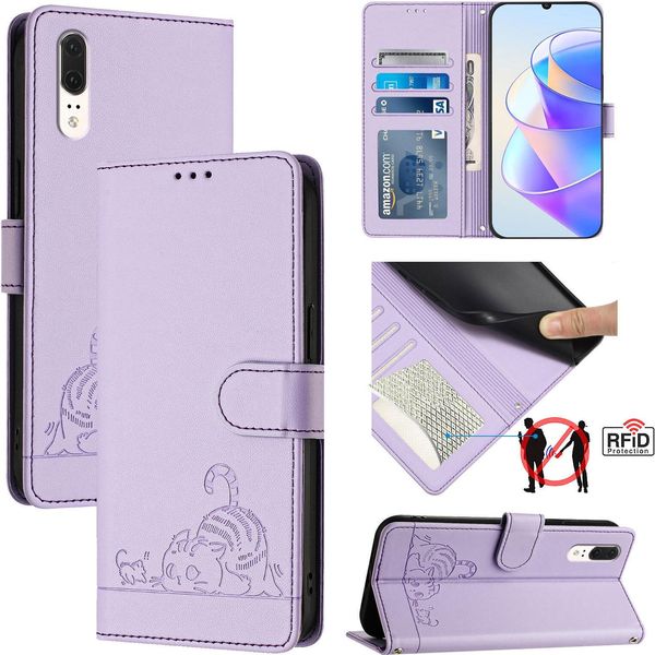 Custodia In Pelle Per Huawei P20, Dolce Gatto Custodia Flip Con Funzione Stand E Portafoglio Viola-image