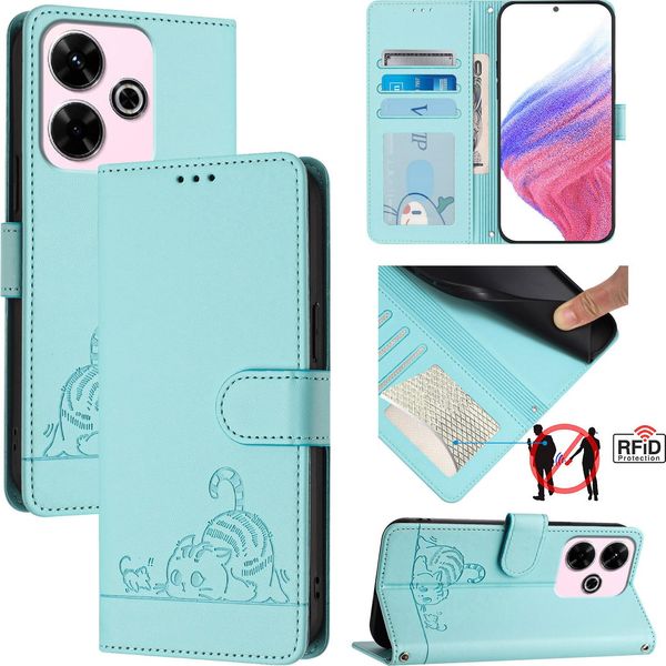 Custodia In Pelle Per Xiaomi Redmi 13 / Note 13R, Dolce Gatto Flip Caso Con Funzione Di Stand E Portafoglio Verde Chiaro-image