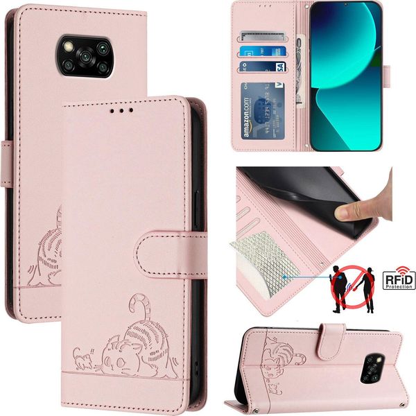 Custodia In Pelle Per Xiaomi Poco X3 Nfc / X3 Pro, Dolce Gatto Custodia Flip Con Funzione Stand E Portafoglio Rosa-image