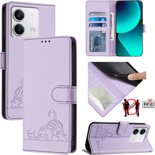 Custodia In Pelle Per Xiaomi Redmi Note 13 5G, Dolce Gatto Custodia Flip Con Funzione Stand E Portafoglio Viola-image