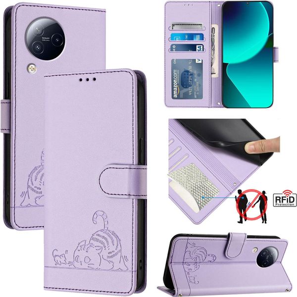 Custodia In Pelle Per Xiaomi Civi 3, Dolce Gatto Custodia Flip Con Funzione Stand E Portafoglio Viola-image