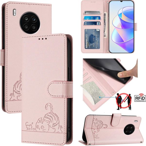 Custodia In Pelle Per Huawei Nova 8I/Honor 50 Lite, Dolce Gatto Custodia Flip Con Funzione Stand E Portafoglio Rosa-image