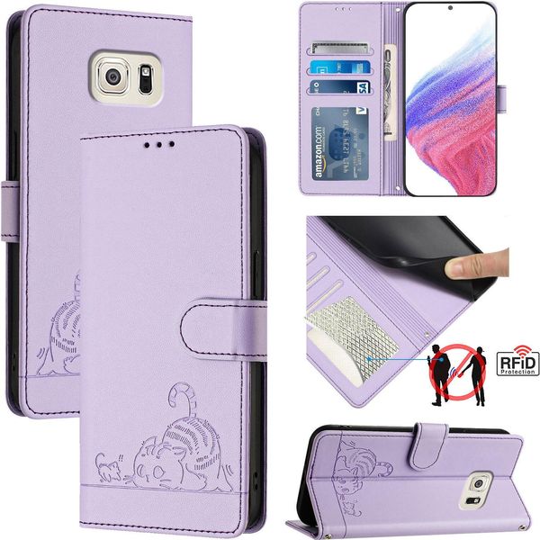 Custodia In Pelle Per Samsung Galaxy S6 Edge, Dolce Gatto Custodia Flip Con Funzione Stand E Portafoglio Viola-image