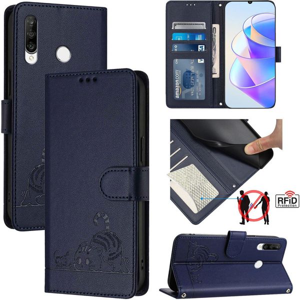 Custodia In Pelle Per Huawei P30 Lite, Dolce Gatto Custodia Flip Con Funzione Stand E Portafoglio Blu-image