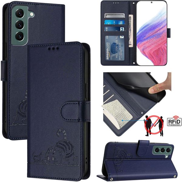 Custodia In Pelle Per Samsung Galaxy S22+ 5G, Dolce Gatto Custodia Flip Con Funzione Stand E Portafoglio Blu-image