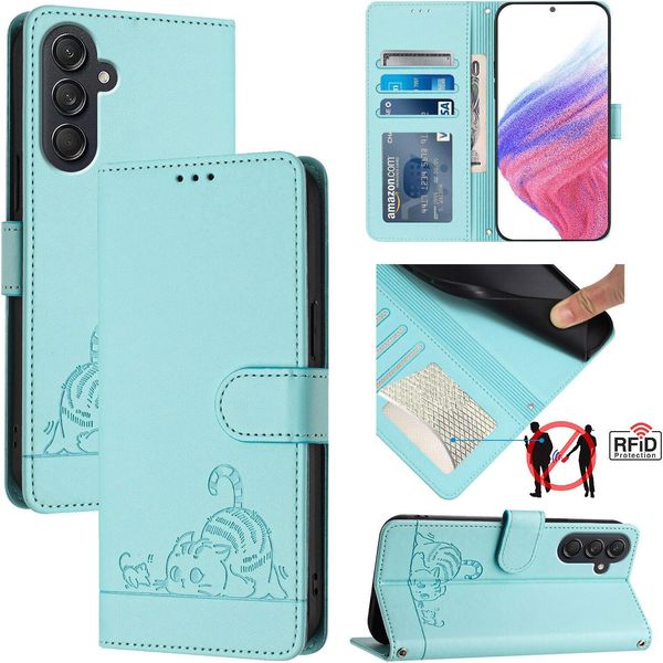 Custodia In Pelle Per Samsung Galaxy M55, Dolce Gatto Custodia Flip Con Funzione Stand E Portafoglio Verde Chiaro-image