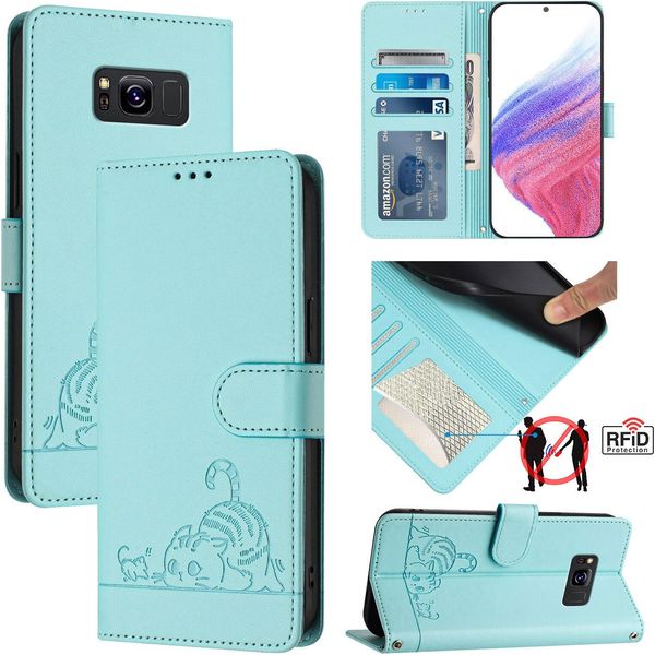 Custodia In Pelle Per Samsung Galaxy S8, Dolce Gatto Custodia Flip Con Funzione Stand E Portafoglio Verde Chiaro-image