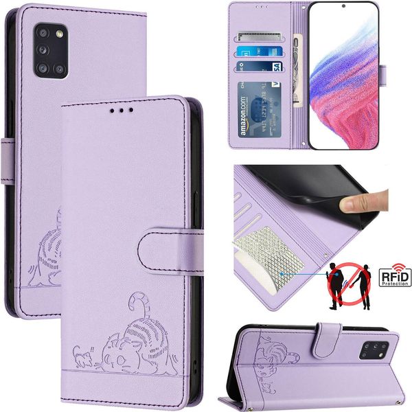 Custodia In Pelle Per Samsung Galaxy A31, Dolce Gatto Custodia Flip Con Funzione Stand E Portafoglio Viola-image