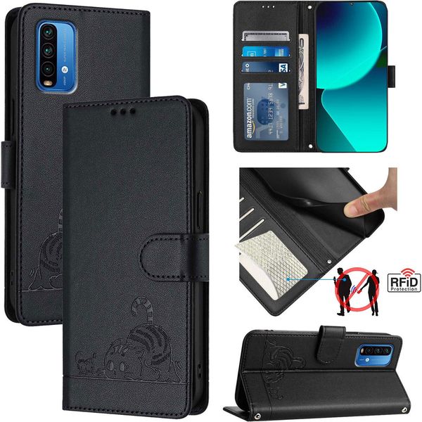 Custodia In Pelle Per Xiaomi Redmi Note 9 4G, Dolce Gatto Flip Case Con Funzione Stand E Portafoglio Nero-image