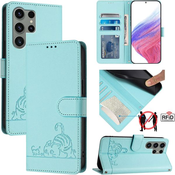 Custodia In Pelle Per Samsung Galaxy S23 Ultra, Dolce Gatto Custodia Flip Con Funzione Stand E Portafoglio Verde Chiaro-image