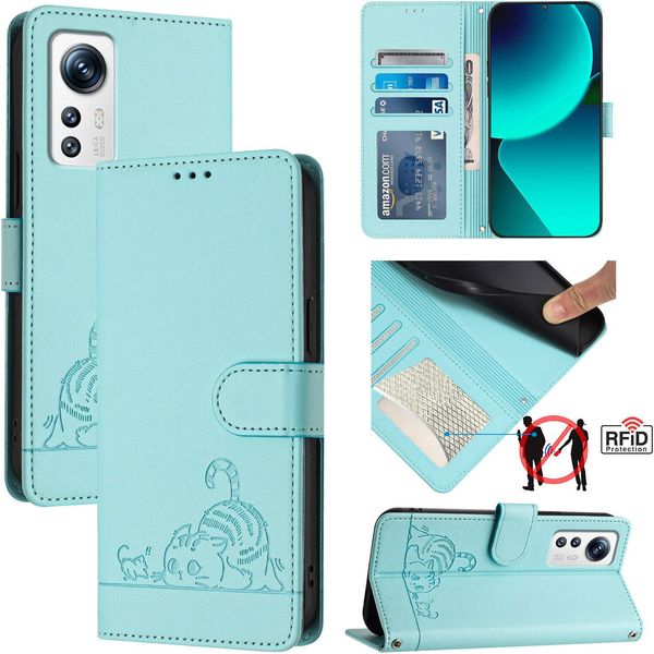 Custodia In Pelle Per Xiaomi 12/Xiaomi 12X/Xiaomi 12S, Dolce Gatto Flip Case Con Funzione Stand E Portafoglio Verde Chiaro-image