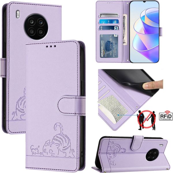 Custodia In Pelle Per Huawei Nova 8I/Honor 50 Lite, Dolce Gatto Custodia Flip Con Funzione Stand E Portafoglio Viola-image