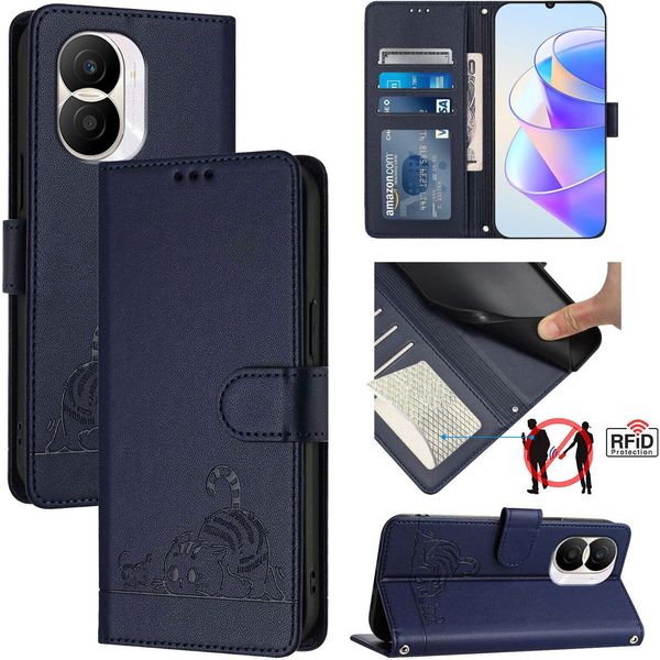 Custodia In Pelle Per Honor X40I, Dolce Gatto Custodia Flip Con Funzione Stand E Portafoglio Blu-image