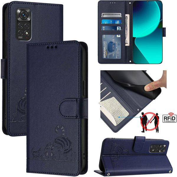 Custodia In Pelle Per Xiaomi Redmi Note 11S / Note 11 4G / Note 12S 4G, Dolce Gatto Custodia Flip Con Funzione Stand E Portafoglio Blu-image