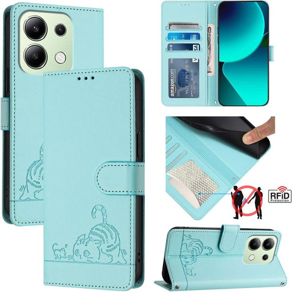 Custodia In Pelle Per Xiaomi Redmi Note 13 4G, Dolce Gatto Custodia Flip Con Funzione Stand E Portafoglio Verde Chiaro-image