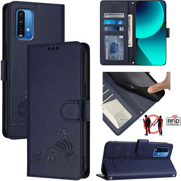 Custodia In Pelle Per Xiaomi Redmi Note 9 4G, Dolce Gatto Custodia Flip Con Funzione Stand E Portafoglio Blu-image