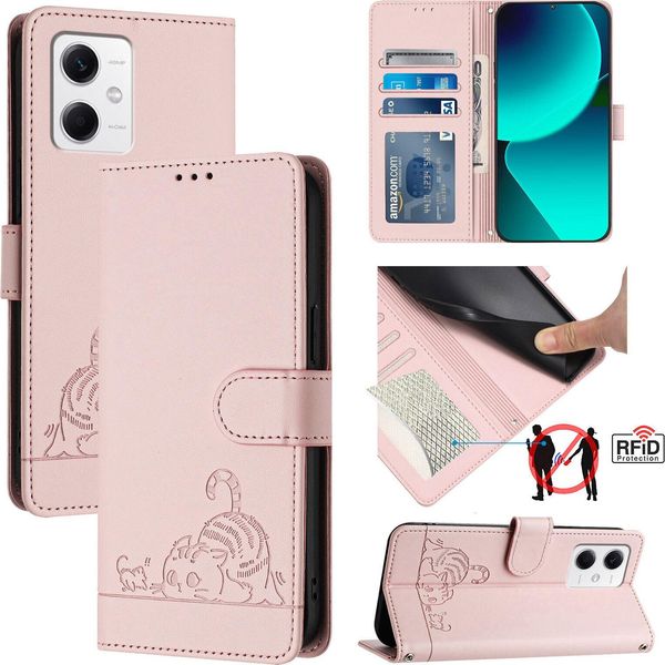 Custodia In Pelle Per Xiaomi Poco X5/Redmi Note 12 5G, Dolce Gatto Flip Case Con Funzione Stand E Portafoglio Rosa-image