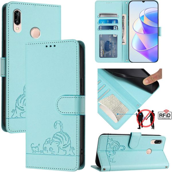 Custodia In Pelle Per Huawei P20 Lite, Dolce Gatto Custodia Flip Con Funzione Stand E Portafoglio Verde Chiaro-image