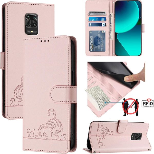 Custodia In Pelle Per Xiaomi Poco M2 Pro/Redmi Note 9S/9 Pro/9 Pro Max, Dolce Gatto Flip Case Con Funzione Stand E Portafoglio Rosa-image