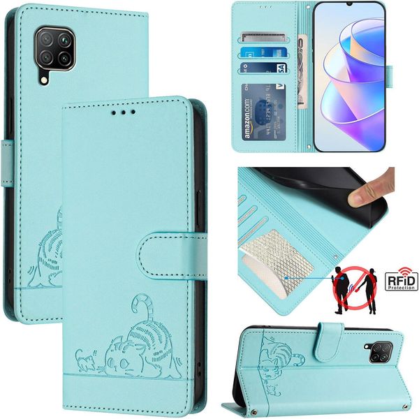 Custodia In Pelle Per Huawei P40 Lite 4G/Nova 6SE, Dolce Gatto Custodia Flip Con Funzione Stand E Portafoglio Verde Chiaro-image