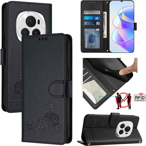 Custodia In Pelle Per Honor Magic6 Pro, Dolce Gatto Custodia Flip Con Funzione Stand E Portafoglio Nero-image