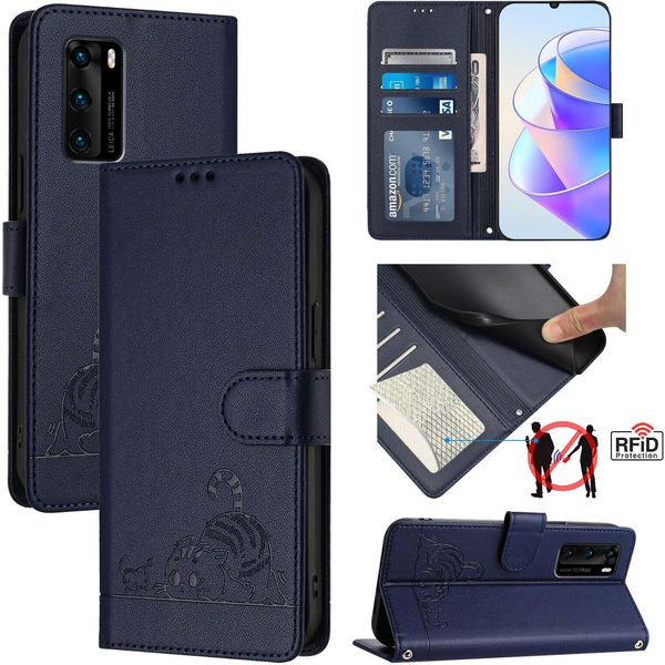 Custodia In Pelle Per Huawei P40, Dolce Gatto Custodia Flip Con Funzione Stand E Portafoglio Blu-image