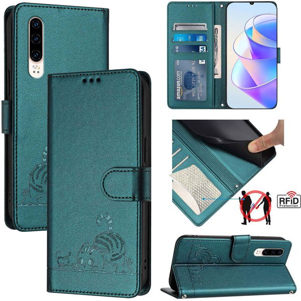 Custodia In Pelle Per Huawei P30, Dolce Gatto Custodia Flip Con Funzione Stand E Portafoglio Verde-image