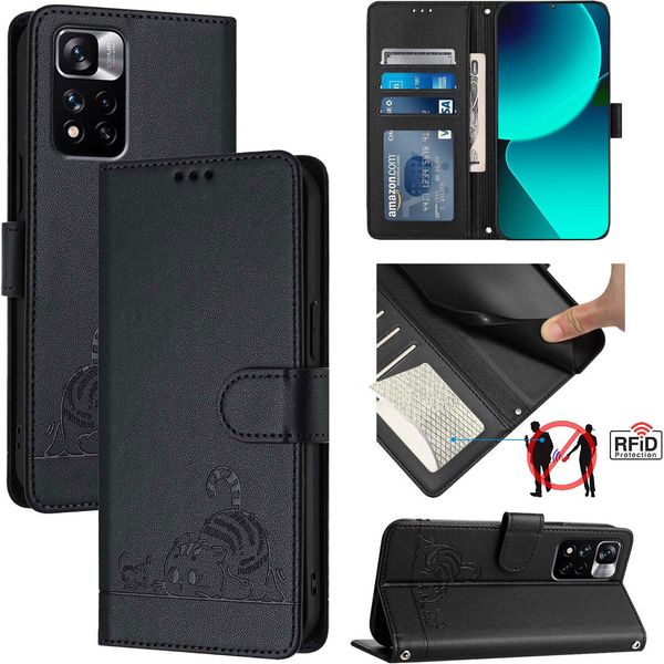 Custodia In Pelle Per Xiaomi Redmi Note 11 Pro+ 5G, Dolce Gatto Flip Case Con Funzione Stand E Portafoglio Nero-image