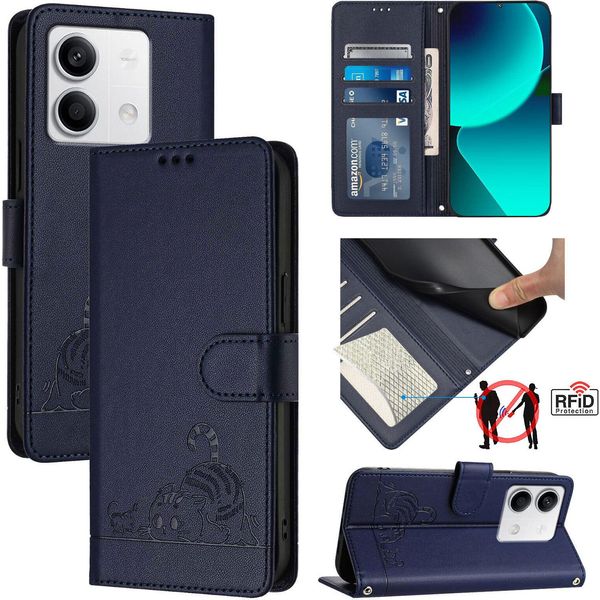 Custodia In Pelle Per Xiaomi Redmi Note 13 5G, Dolce Gatto Custodia Flip Con Funzione Stand E Portafoglio Blu-image