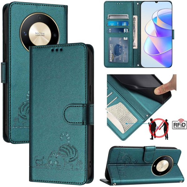 Custodia In Pelle Per Honor X9B / Magic6 Lite, Dolce Gatto Custodia Flip Con Funzione Stand E Portafoglio Verde-image