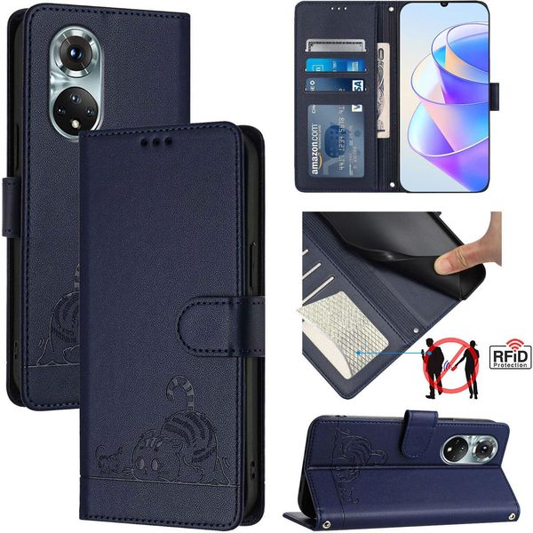 Custodia In Pelle Per Huawei Nova 9/Honor 50, Dolce Gatto Custodia Flip Con Funzione Stand E Portafoglio Blu-image