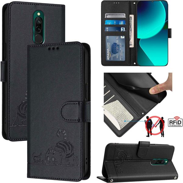 Custodia In Pelle Per Xiaomi Redmi 8, Dolce Gatto Custodia Flip Con Funzione Stand E Portafoglio Nero-image