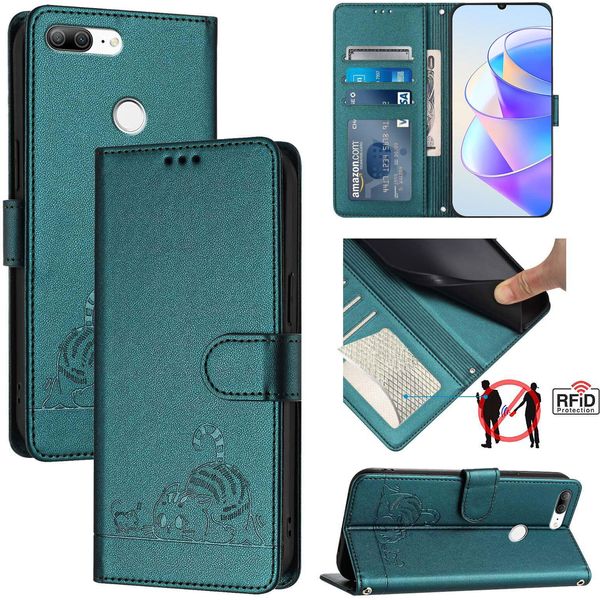 Custodia In Pelle Per Honor 9 Lite, Dolce Gatto Custodia Flip Con Funzione Stand E Portafoglio Verde-image