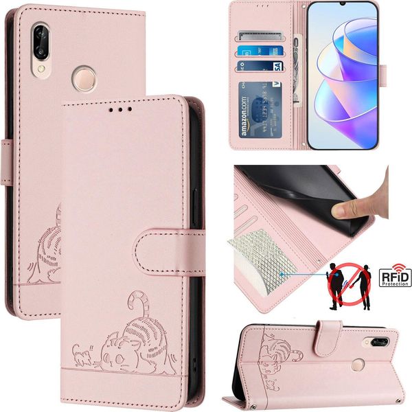 Custodia In Pelle Per Huawei P20 Lite, Dolce Gatto Custodia Flip Con Funzione Stand E Portafoglio Rosa-image