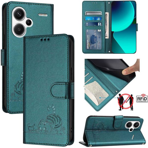 Custodia In Pelle Per Xiaomi Redmi Note 13 Pro+, Dolce Gatto Flip Case Con Funzione Stand E Portafoglio Verde-image