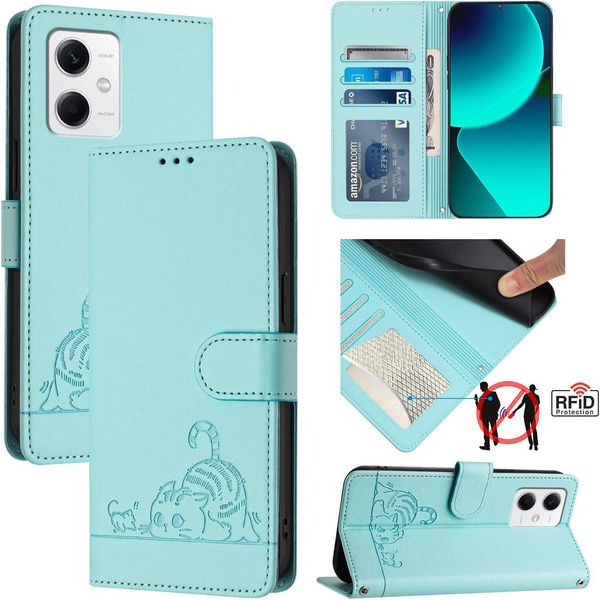 Custodia In Pelle Per Xiaomi Poco X5/Redmi Note 12 5G, Dolce Gatto Flip Case Con Funzione Stand E Portafoglio Verde Chiaro-image