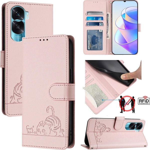 Custodia In Pelle Per Honor 90 Lite, Dolce Gatto Custodia Flip Con Funzione Stand E Portafoglio Rosa-image