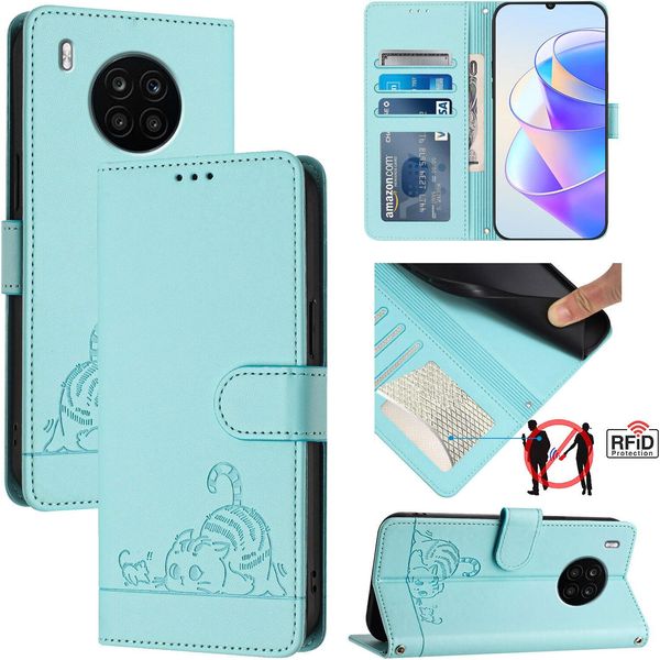 Custodia In Pelle Per Huawei Nova 8I/Honor 50 Lite, Dolce Gatto Custodia Flip Con Funzione Stand E Portafoglio Verde Chiaro-image