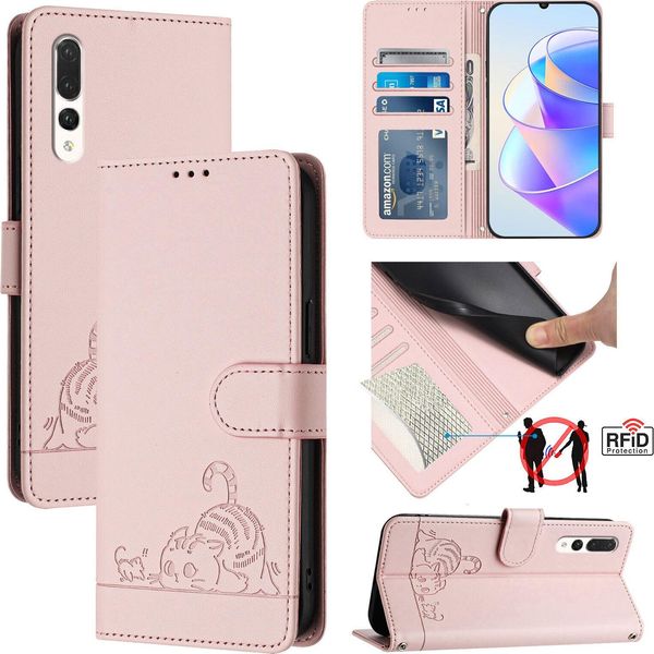 Custodia In Pelle Per Huawei P20 Pro, Dolce Gatto Custodia Flip Con Funzione Stand E Portafoglio Rosa-image