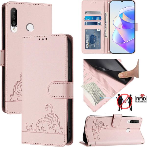 Custodia In Pelle Per Huawei P30 Lite, Dolce Gatto Custodia Flip Con Funzione Stand E Portafoglio Rosa-image